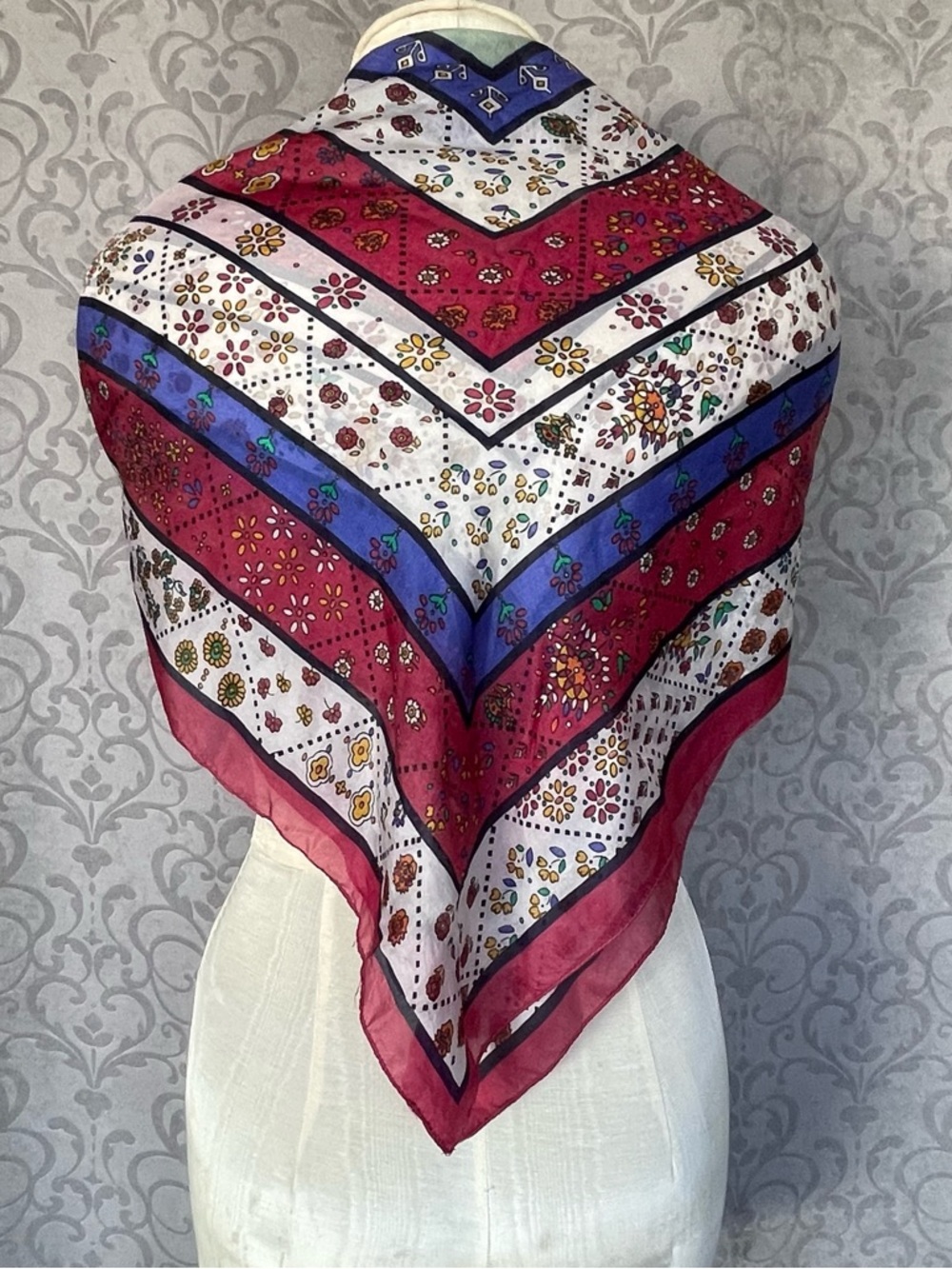 Vintage Cacharel Paris Silk Scarf Floral Concentric Square Print Red/Blue